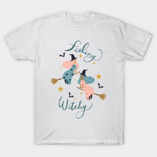 "Feeling Witchy" - Hand lettered // Pink and Blue haired witches (Halloween design) T-Shirt